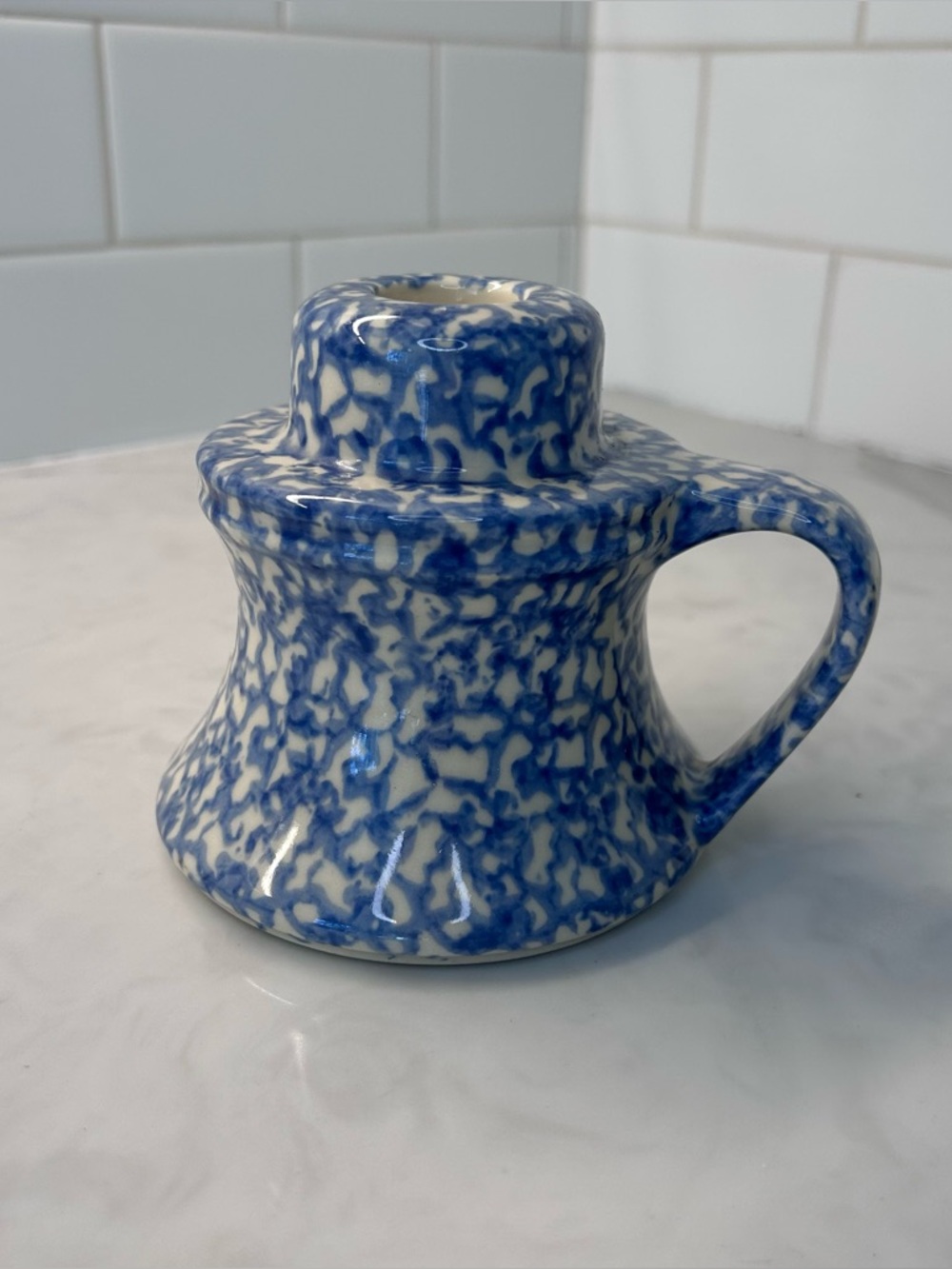 Blue Sponge paint Ceramic Candle Holder